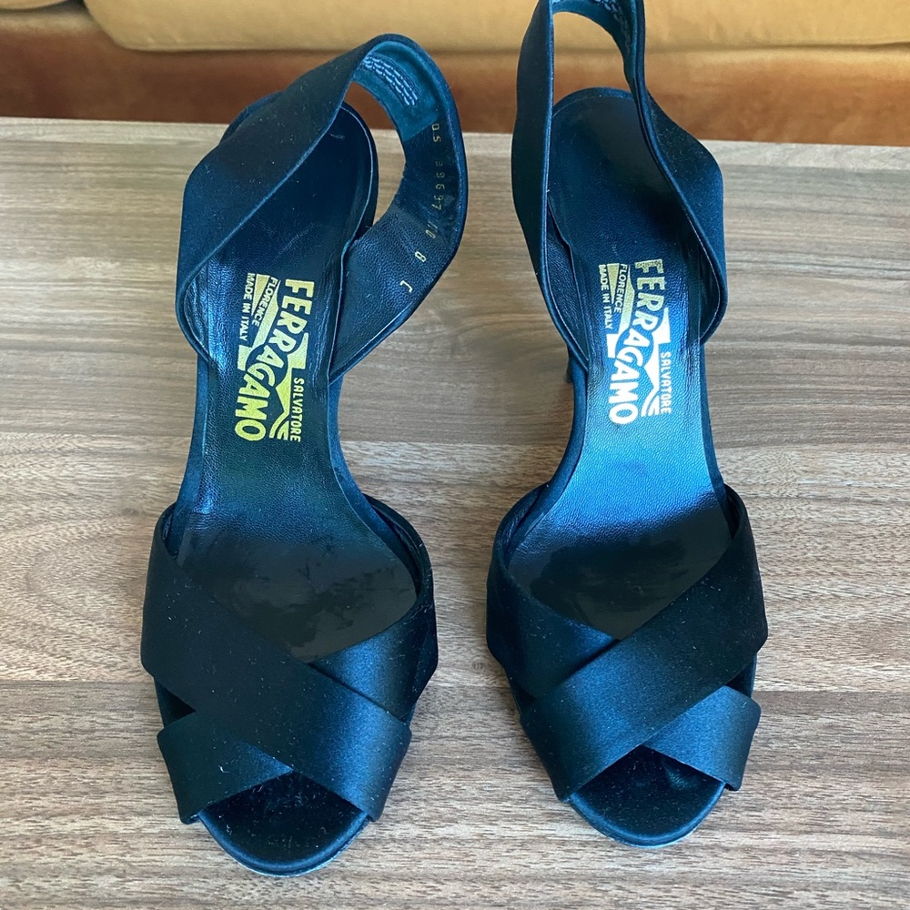 Ferragamo peep toe satin sling back heels